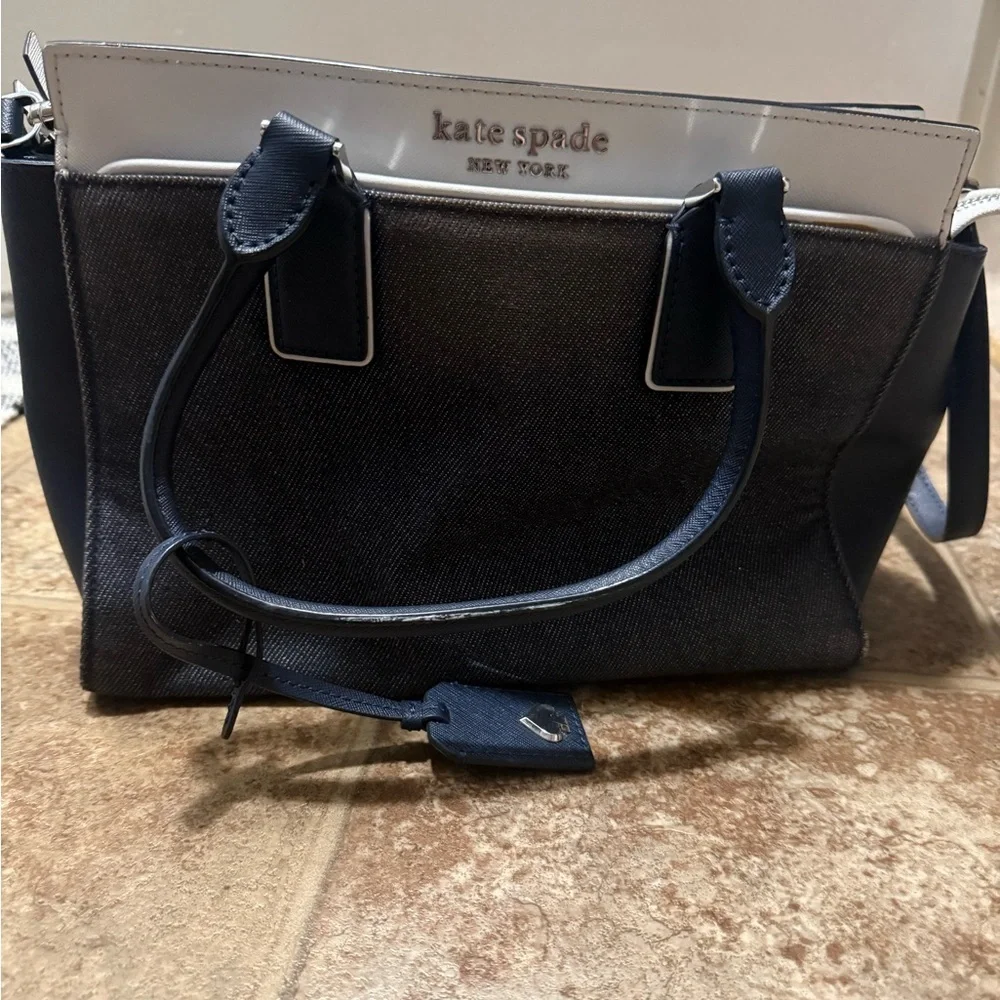 kate spade Cameron color block medium satchel in denim fabric and white leather